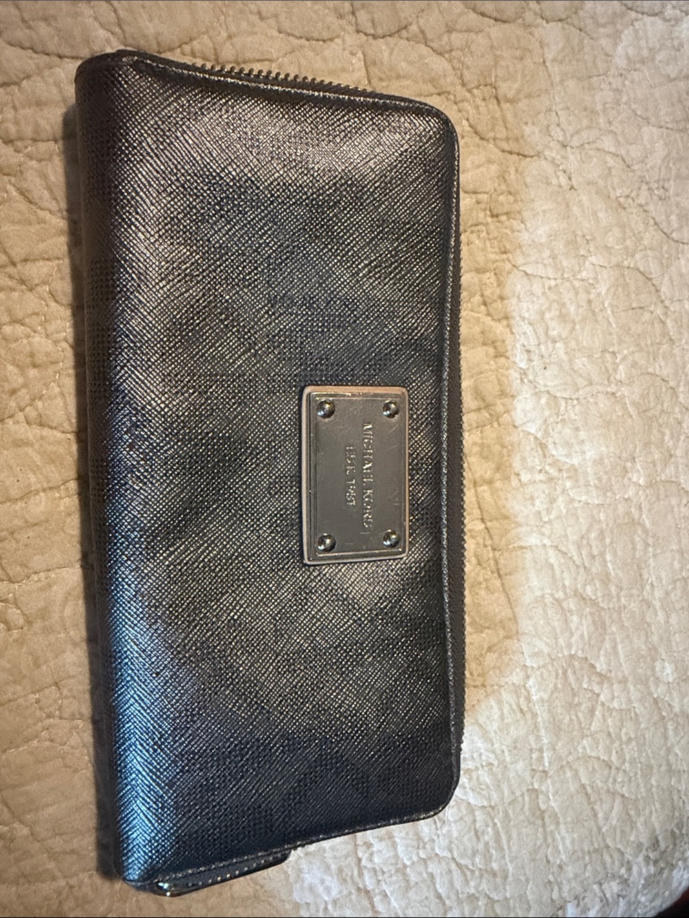 Michael Kors Black Saffiano Zip Wallet with Metal Logo Plate